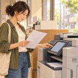 A resident selecting a function on a convenience store multifunction copier in Japan