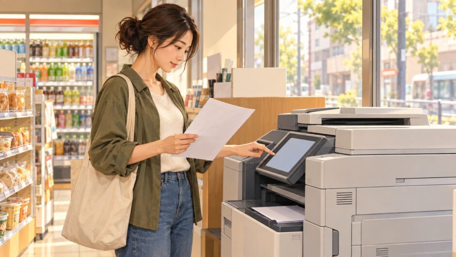 A resident selecting a function on a convenience store multifunction copier in Japan