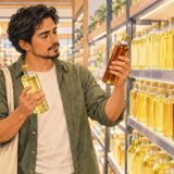 Illustration of a shopper comparing pale cooking oil and amber sesame oil bottles in a supermarket