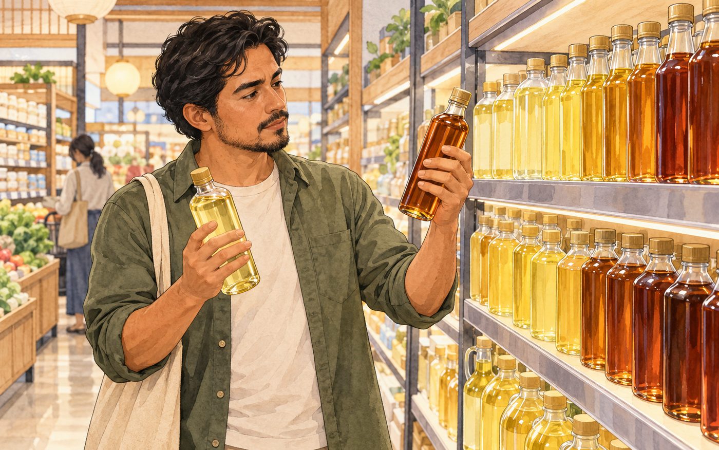 Illustration of a shopper comparing pale cooking oil and amber sesame oil bottles in a supermarket