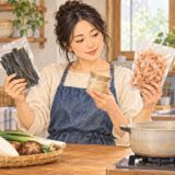 Illustration of a resident comparing kombu, bonito flakes and granulated dashi in a kitchen