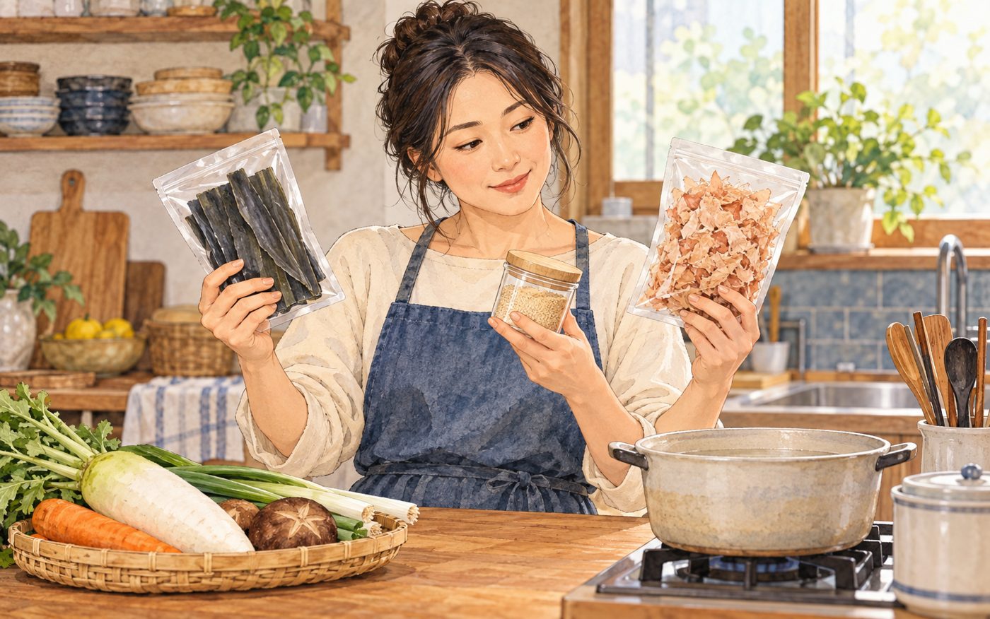 Illustration of a resident comparing kombu, bonito flakes and granulated dashi in a kitchen