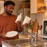 Illustration of a resident comparing dishwashing products beside a kitchen dishwasher