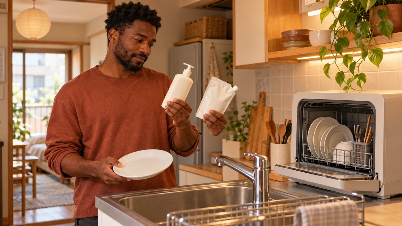 Illustration of a resident comparing dishwashing products beside a kitchen dishwasher