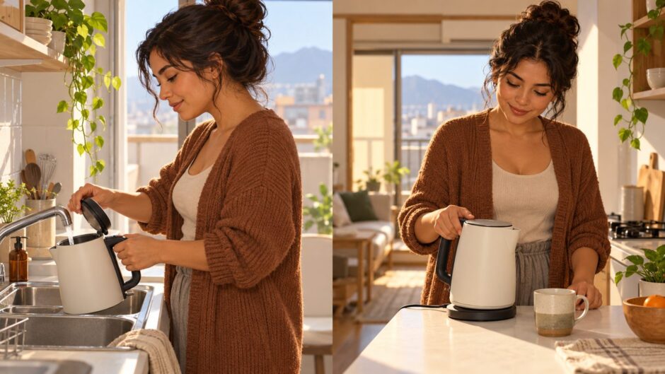 A resident fills an electric kettle with water and sets it beside a mug in a Japanese apartment kitchen