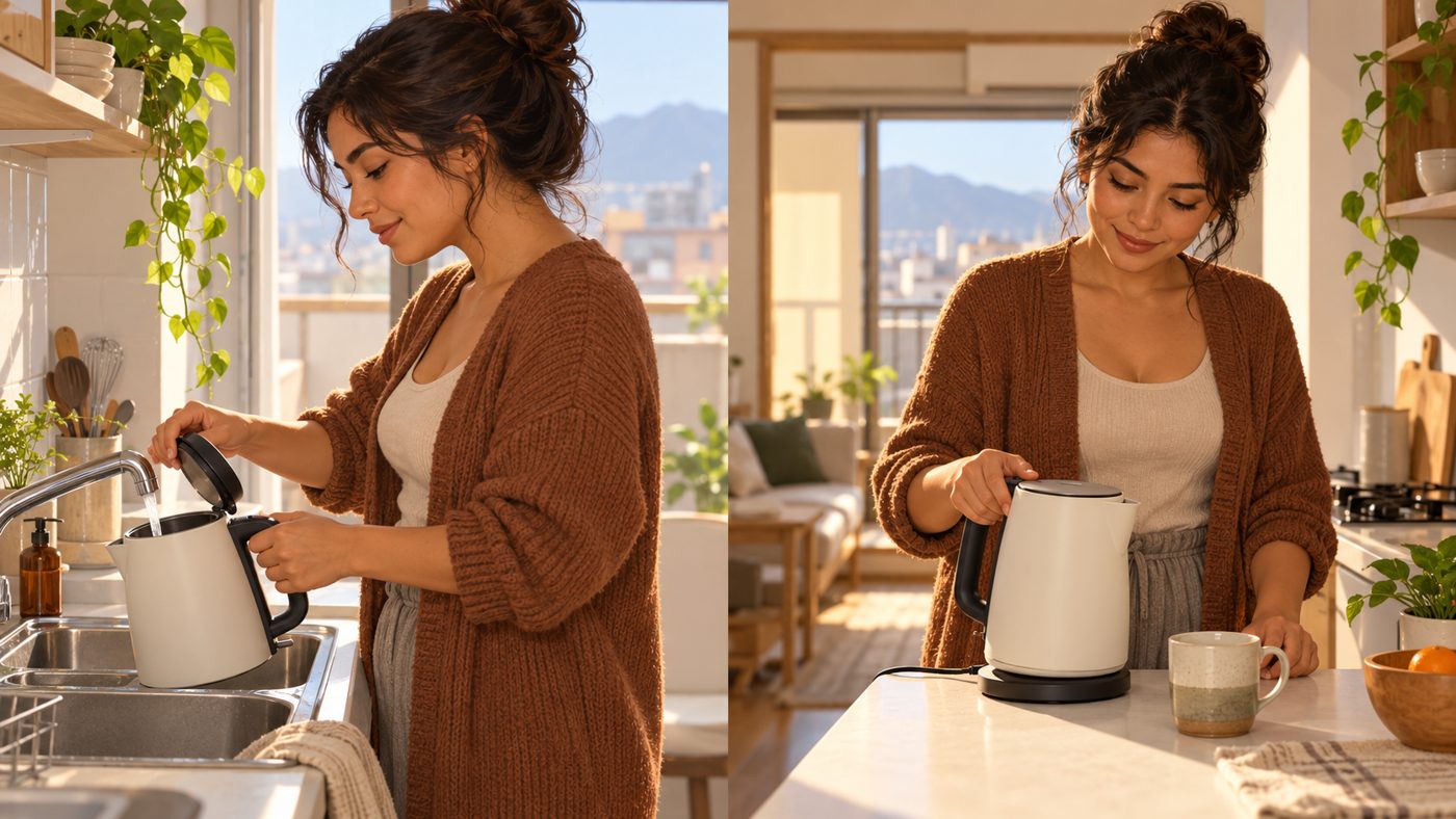 A resident fills an electric kettle with water and sets it beside a mug in a Japanese apartment kitchen
