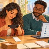 Two colleagues prepare an expense claim with a receipt and laptop