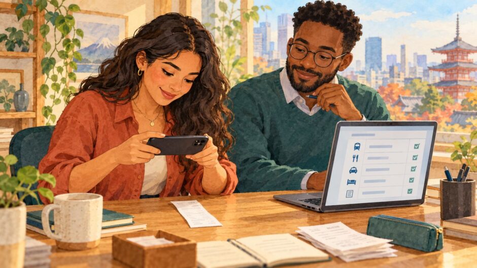 Two colleagues prepare an expense claim with a receipt and laptop