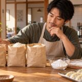 A resident comparing plain bags of flour and a bowl of starch while cooking in an apartment kitchen