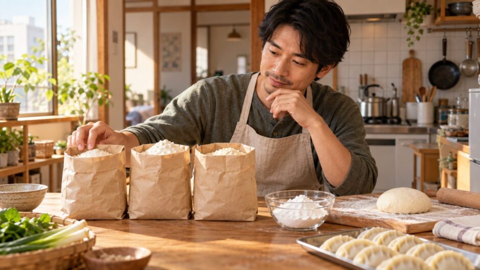 A resident comparing plain bags of flour and a bowl of starch while cooking in an apartment kitchen