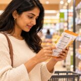 Shopper carefully reading the ingredients panel on a packaged food item in a Japanese supermarket