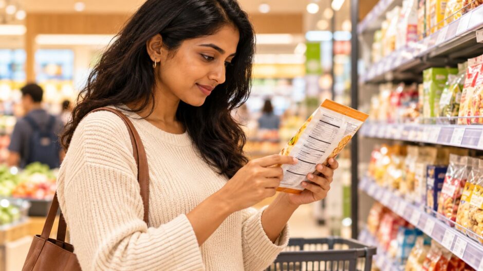 Shopper carefully reading the ingredients panel on a packaged food item in a Japanese supermarket