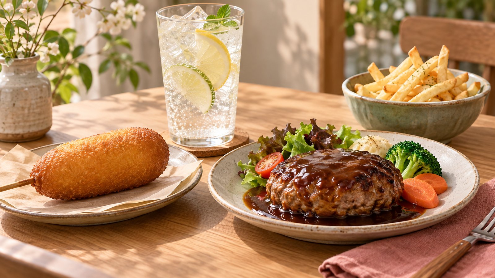 Corn dog, lemon-lime soda, hamburger steak, and fries on a table