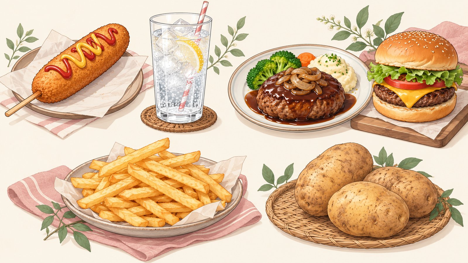 Illustration of a corn dog, fizzy soda, hamburger steak beside a bun burger, and fries beside whole potatoes