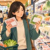 Shopper comparing packaged foods in a Japanese supermarket