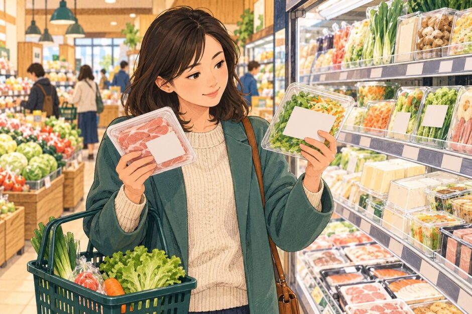 Shopper comparing packaged foods in a Japanese supermarket