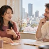 English instructor listening to an adult learner in a one-to-one lesson in Japan