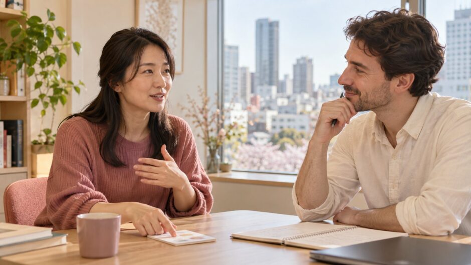 English instructor listening to an adult learner in a one-to-one lesson in Japan