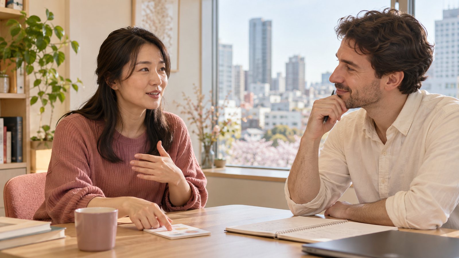 English instructor listening to an adult learner in a one-to-one lesson in Japan