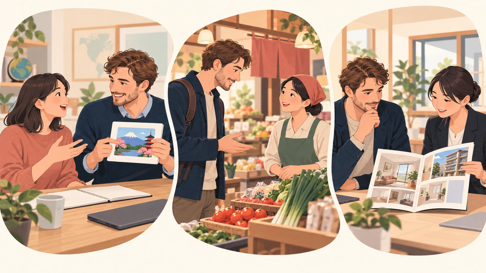 Illustration of a teacher supporting an English learner and using Japanese in grocery shopping and an apartment search