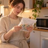 A resident reading an unbranded frozen food pouch beside a microwave and freezer in an apartment kitchen