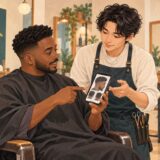 Customer and stylist discussing a haircut using a reference photo in a salon