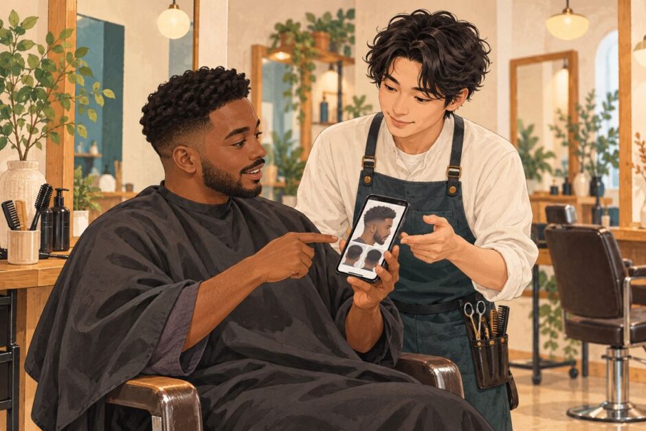 Customer and stylist discussing a haircut using a reference photo in a salon