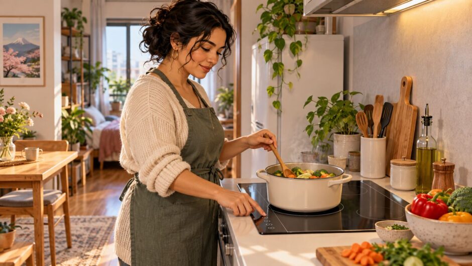 A resident cooking vegetables on an induction cooktop in a Japanese apartment kitchen