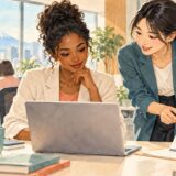 Employee and colleague reviewing an internal role opportunity and calendar at a Japanese office