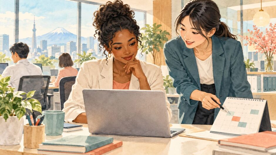 Employee and colleague reviewing an internal role opportunity and calendar at a Japanese office