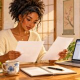 A job seeker checks two application documents beside a laptop before sending an email