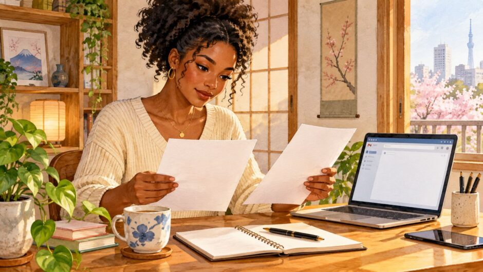 A job seeker checks two application documents beside a laptop before sending an email