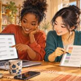 Two friends compare a job listing on a laptop and notes at a home desk