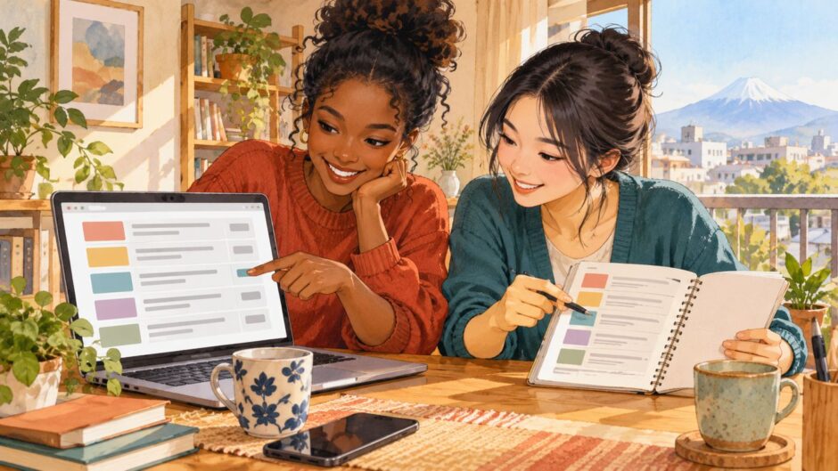 Two friends compare a job listing on a laptop and notes at a home desk
