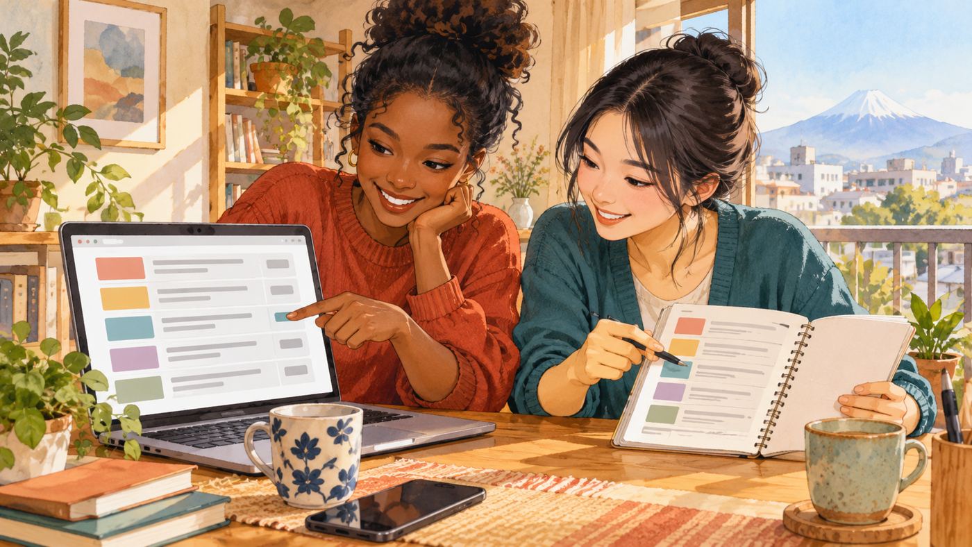 Two friends compare a job listing on a laptop and notes at a home desk