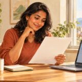 Job candidate reviewing an offer document and email at home