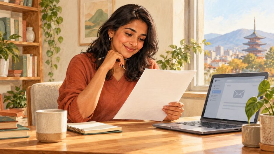 Job candidate reviewing an offer document and email at home