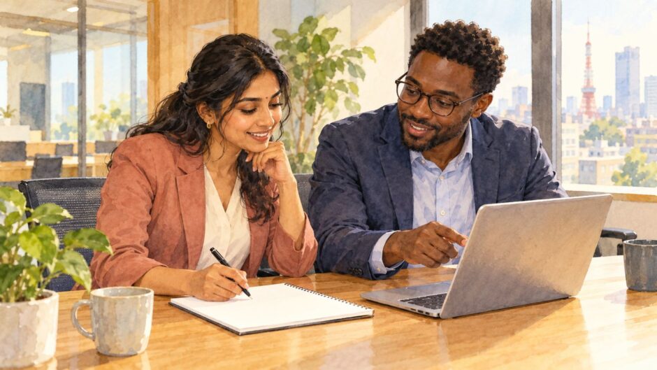 Two colleagues review meeting notes together at a desk in a Japanese office