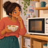 Resident considering the controls of an unbranded microwave in an apartment kitchen