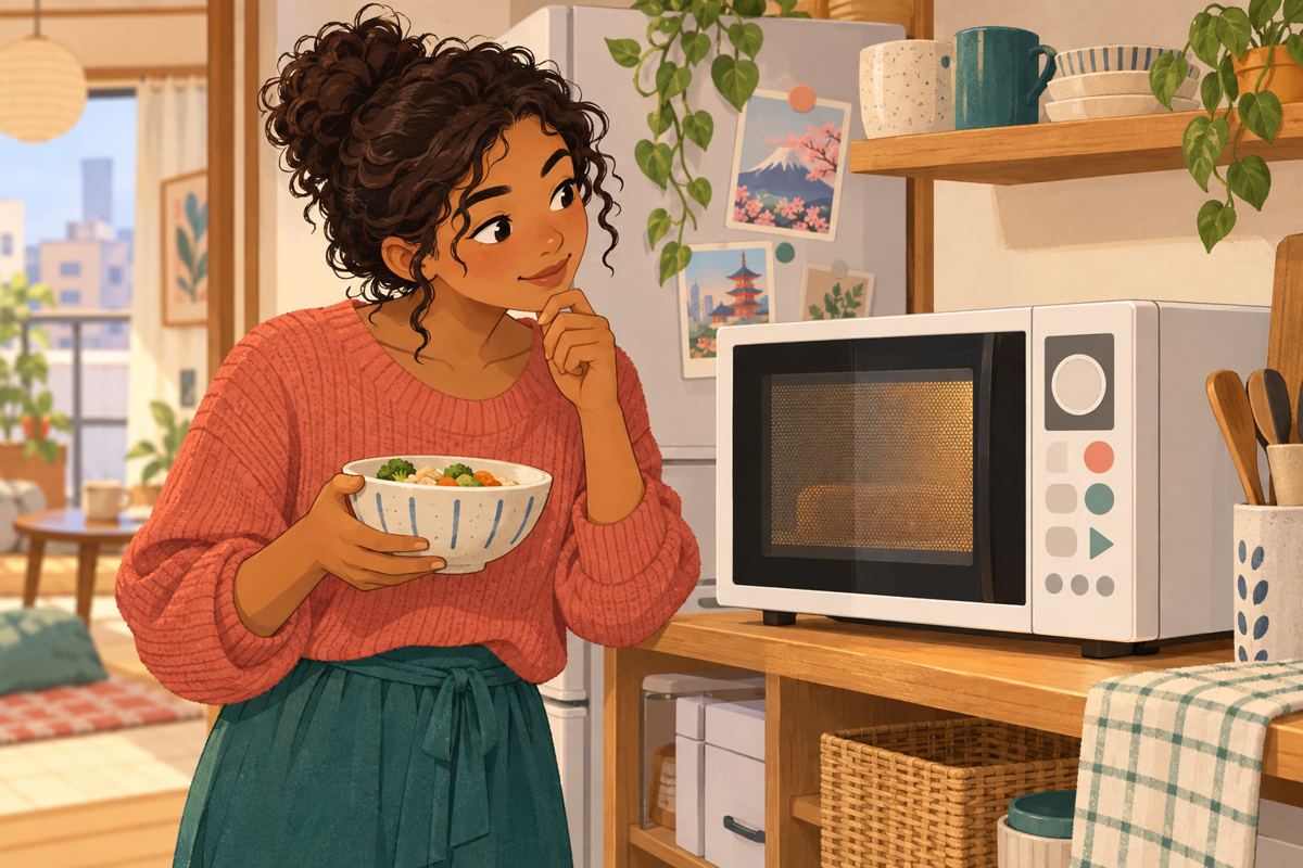 Resident considering the controls of an unbranded microwave in an apartment kitchen