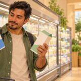 A shopper compares two unbranded milk cartons in a Japanese supermarket dairy aisle