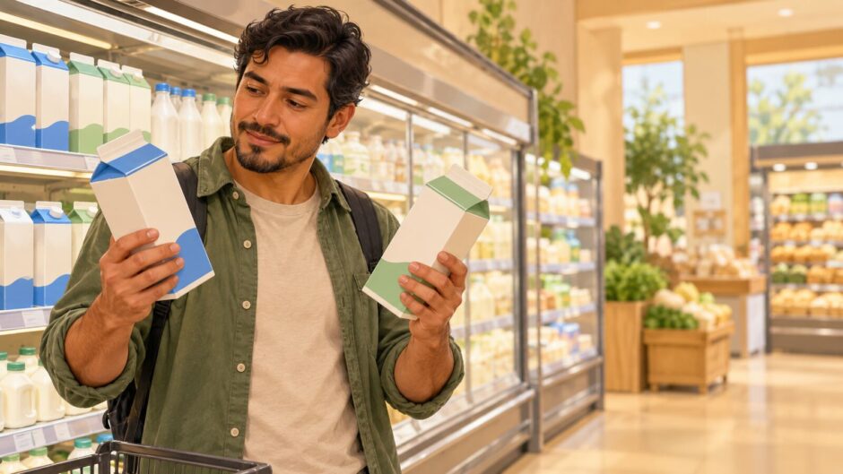 A shopper compares two unbranded milk cartons in a Japanese supermarket dairy aisle