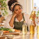 Illustration of a resident comparing plain bottles of Japanese cooking seasonings in a home kitchen