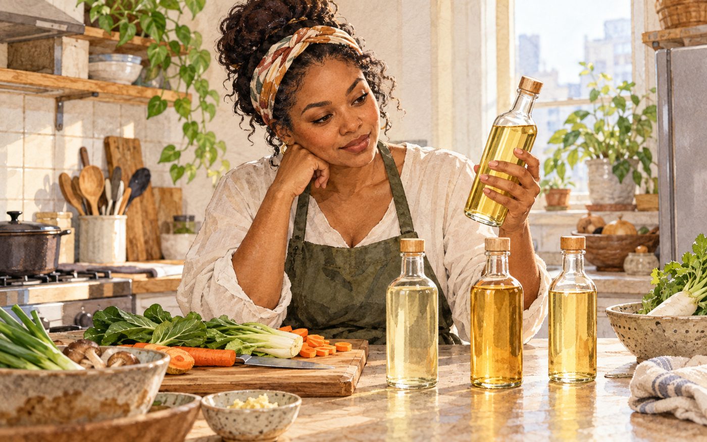 Illustration of a resident comparing plain bottles of Japanese cooking seasonings in a home kitchen