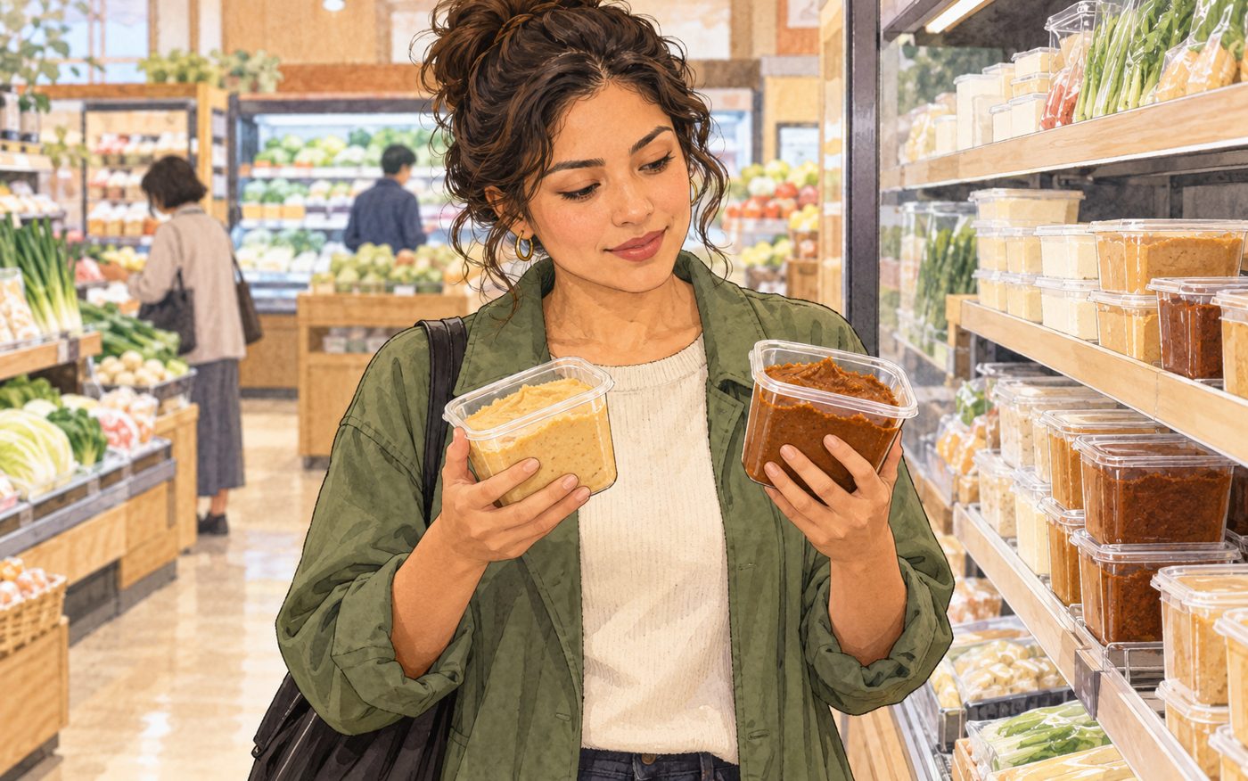 Illustration of a shopper comparing pale and reddish miso tubs in a Japanese supermarket