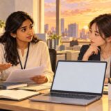 Two colleagues discussing work that may run past the scheduled finish time