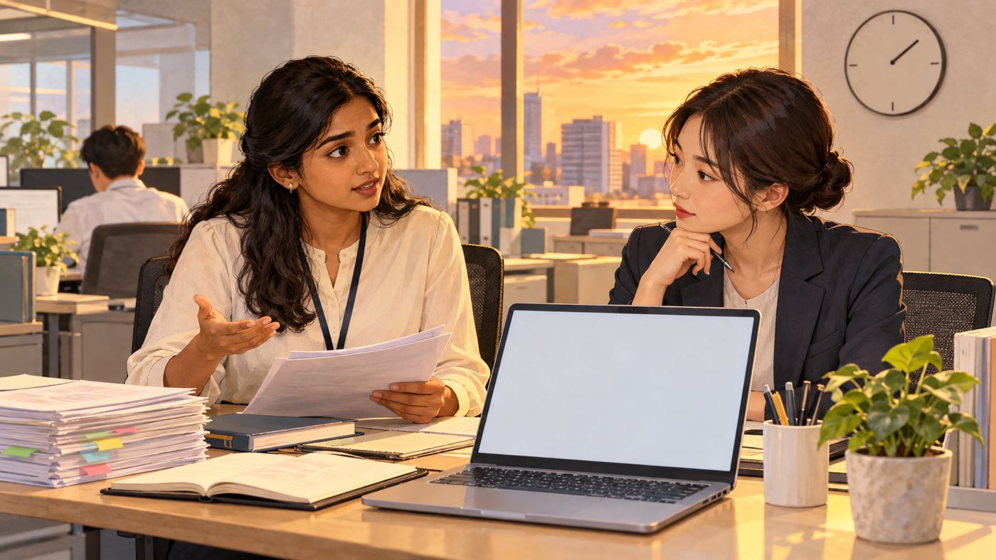 Two colleagues discussing work that may run past the scheduled finish time