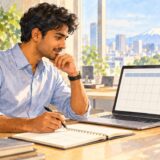 An employee reviews a leave calendar on a laptop with a paper planner at an office desk