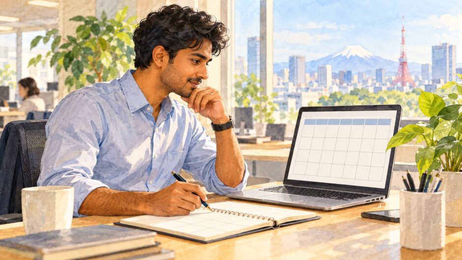 An employee reviews a leave calendar on a laptop with a paper planner at an office desk