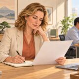 Employee reviewing a blank performance evaluation sheet and writing notes